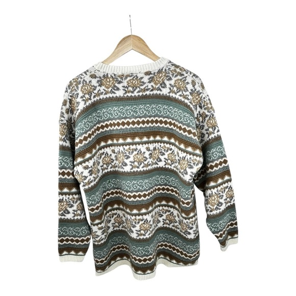 Vintage Fair Isle Pullover Sweater Beige Turquoise Womens Size L XL 80s 90s USA - Picture 2 of 8